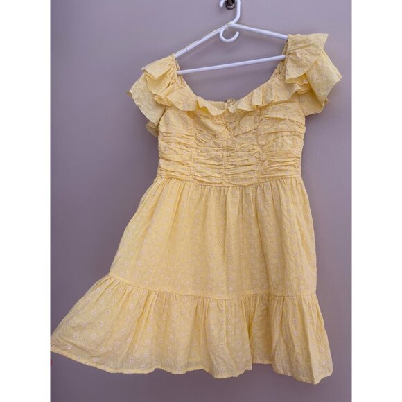 AQUA NWT Yellow Eyelet Mini Off Shoulder Dress Size XL Cottagecore Prairie Boho - Picture 5 of 13